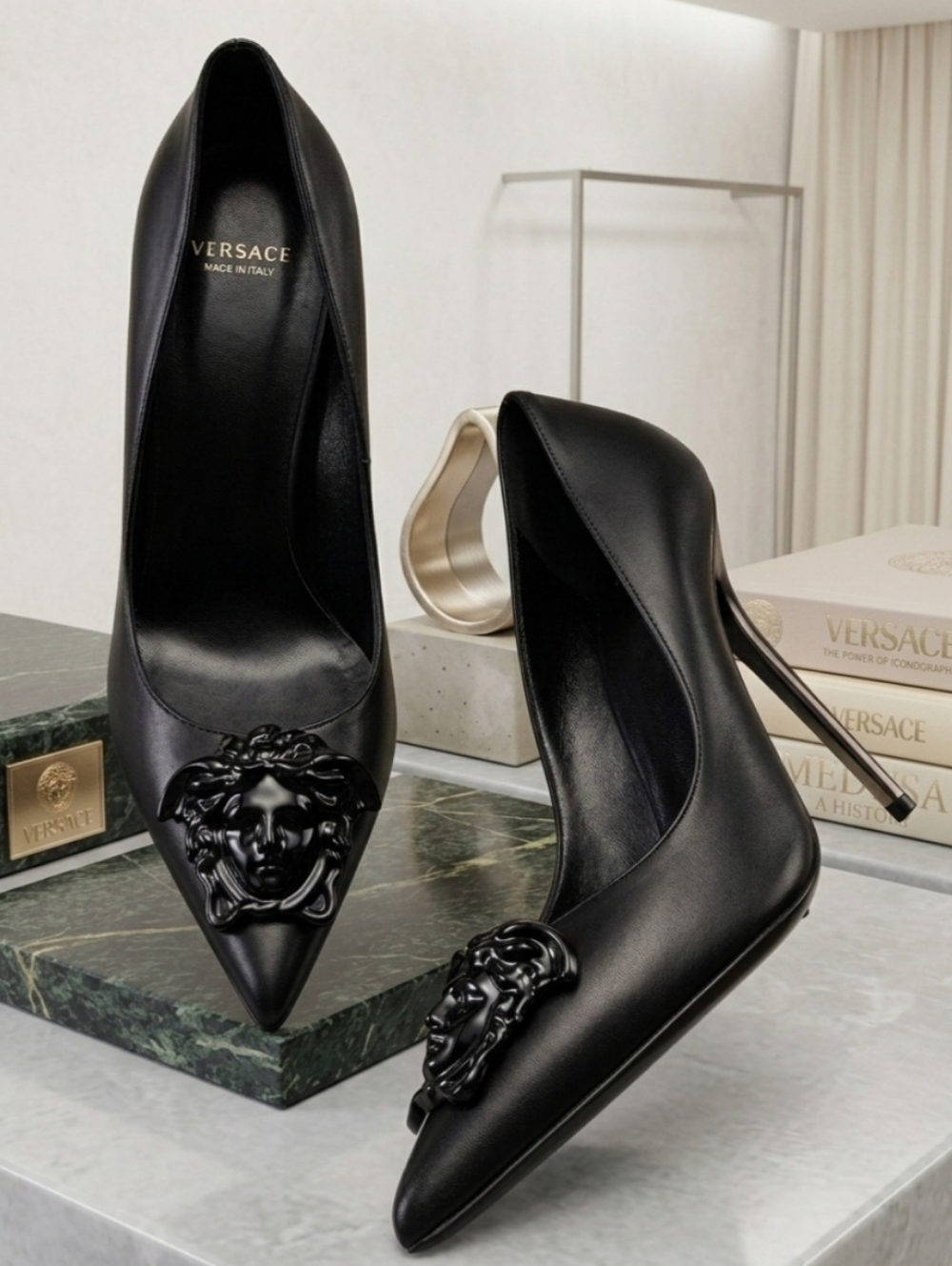 Versace Black Leather Medusa-Embellished Pointed-Toe Stilettos
